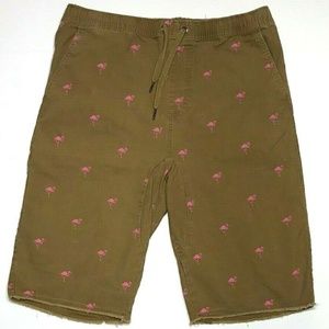 Carbon XL Khaki Pink Flamingo Print Shorts Raw Hem